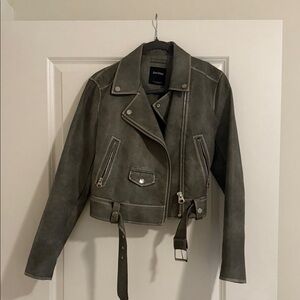 Bershka Women's Leather Jacket in Dark Gray